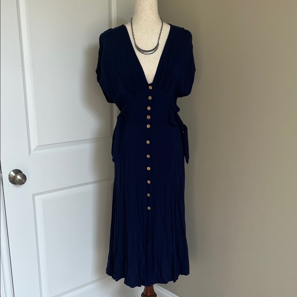 Forever 21 Contemporary Deep Blue Midi Dress with Buttons Large